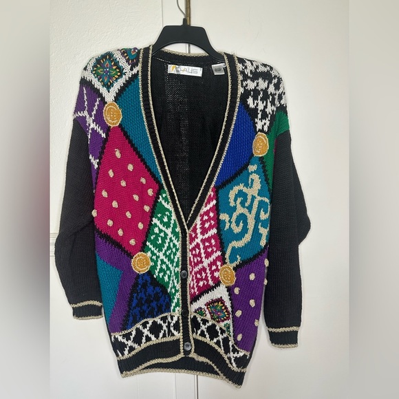 Chaus Black and Purple Cardigan Sweater with Geometric Design - Picture 1 of 7